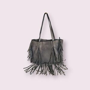 Cut & Paste 100% Leather Fringe Tote Bag - Gray